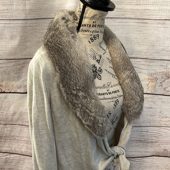 525 America Silk & Cashmere Sweater Cardigan Detachable Rabbit Fur Collar Gray - Picture 3 of 8
